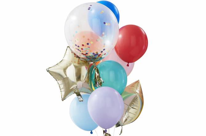 Bouquet de ballons multicolore à confettis et étoiles